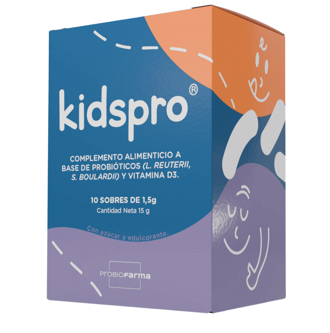 Caja de Kidspro, probiótico infantil con L. reuteri y S. boulardii, incluye vitamina D, 10 sobres de 1.5g.
