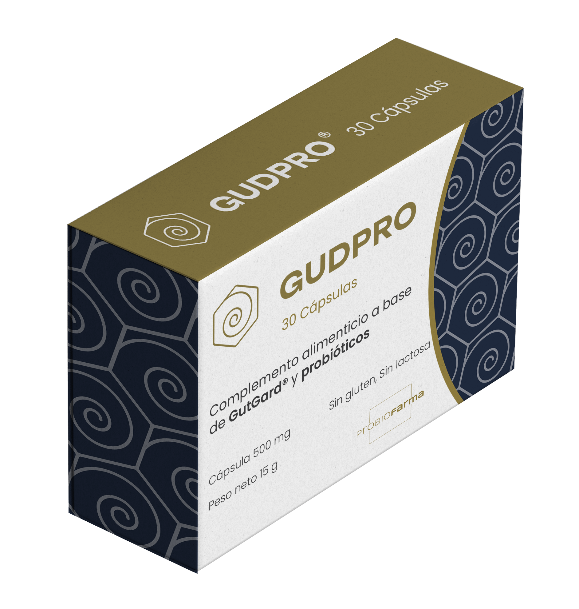 Caja de GudPRO con 30 cápsulas vegetales, complemento probiótico para bienestar digestivo e inmunitario.