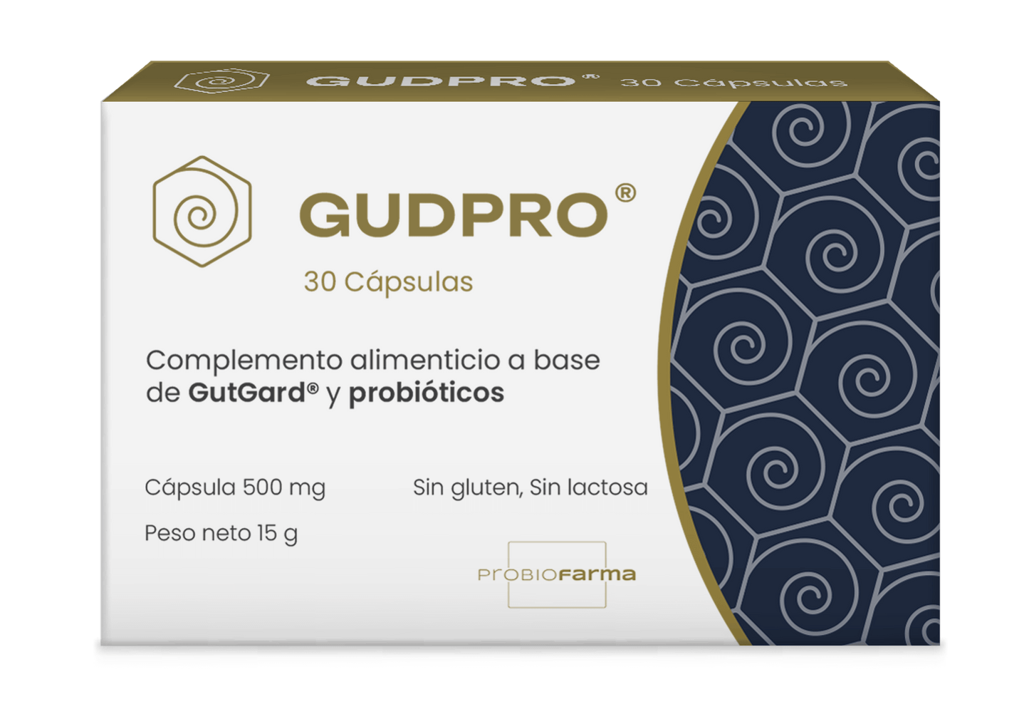 Envase de GudPRO con 30 cápsulas vegetales para bienestar digestivo y probióticos.
