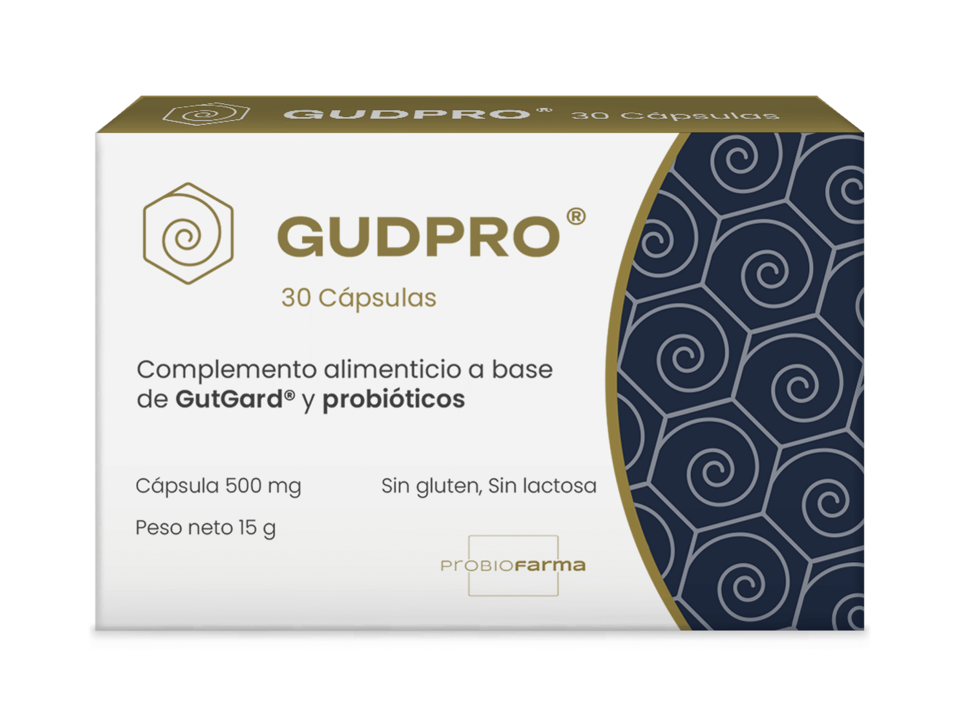 Caja de GudPRO con 30 cápsulas probióticas, complemento alimenticio a base de GutGard y sin gluten.