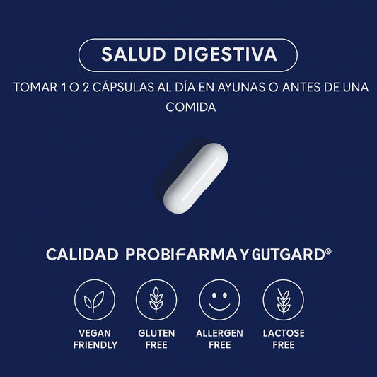 Cápsula probiótica para salud digestiva con información sobre uso y etiquetado saludable.
