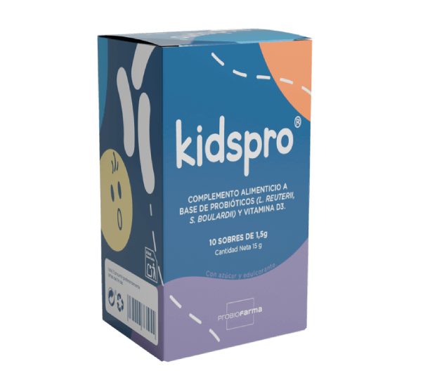 Kidspro probiotic supplement box for children, containing Lactobacillus reuteri, S. boulardii, and vitamin D, 10 sachets.