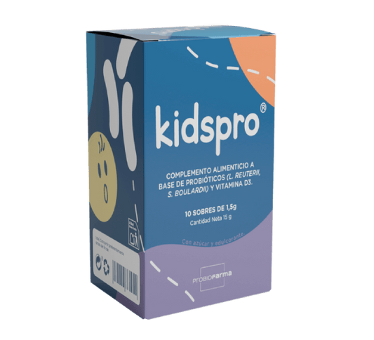 Kidspro probiotic supplement box for children, containing Lactobacillus reuteri, S. boulardii, and vitamin D, 10 sachets.