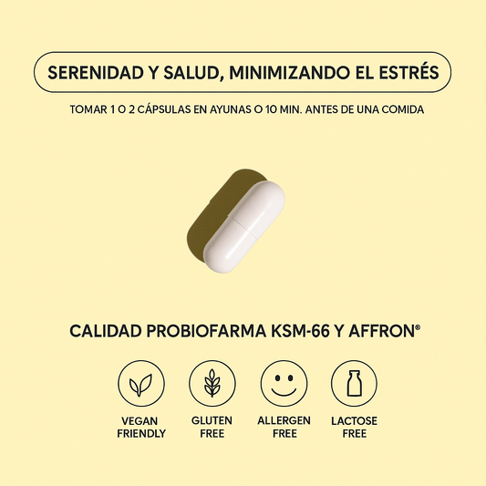 Cápsula vegana de Lowpro sobre fondo amarillo, destacando sus beneficios de tranquilidad y salud.