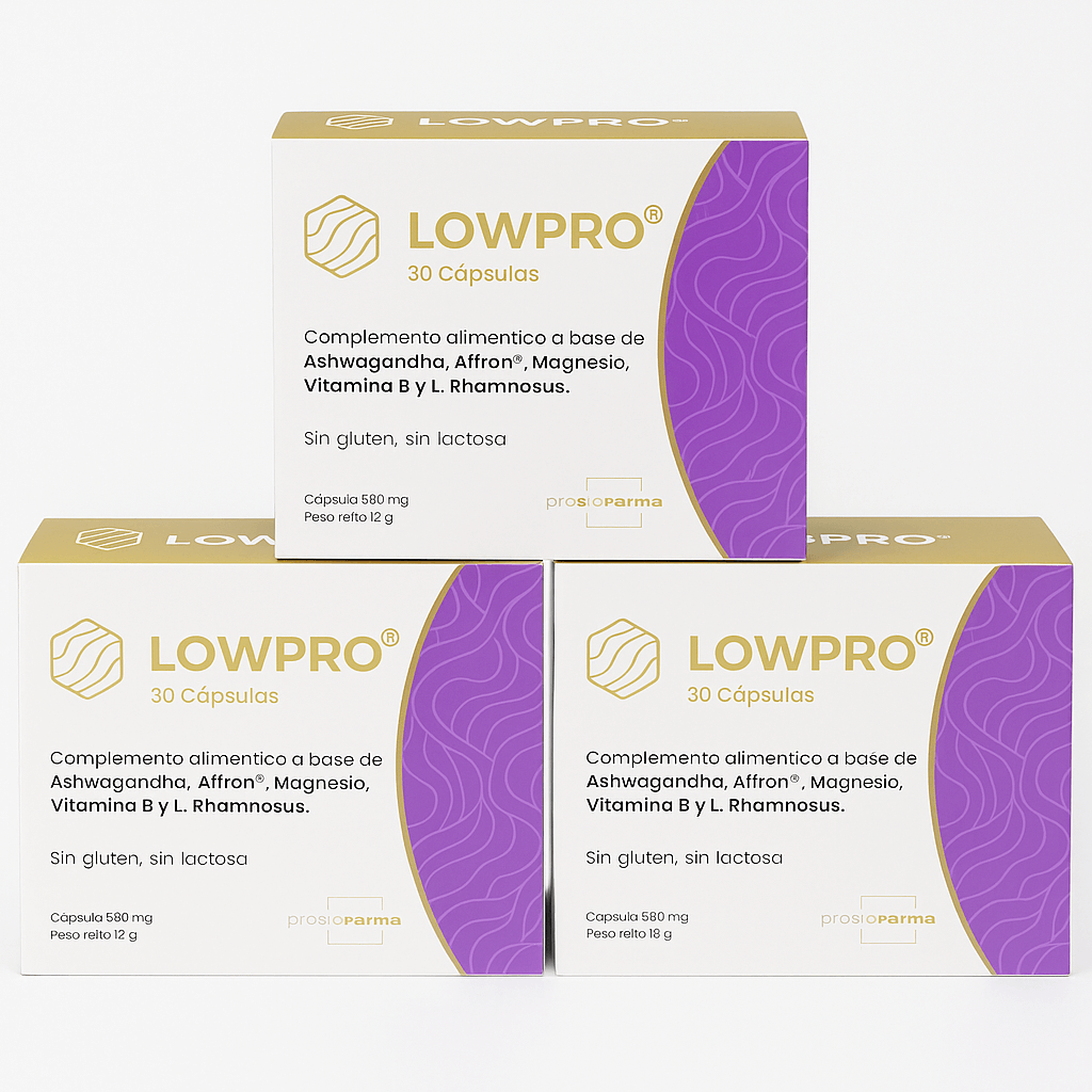 Pack Lowpro, 30 cápsulas vegetales para bienestar emocional y físico, sin gluten ni lactosa.