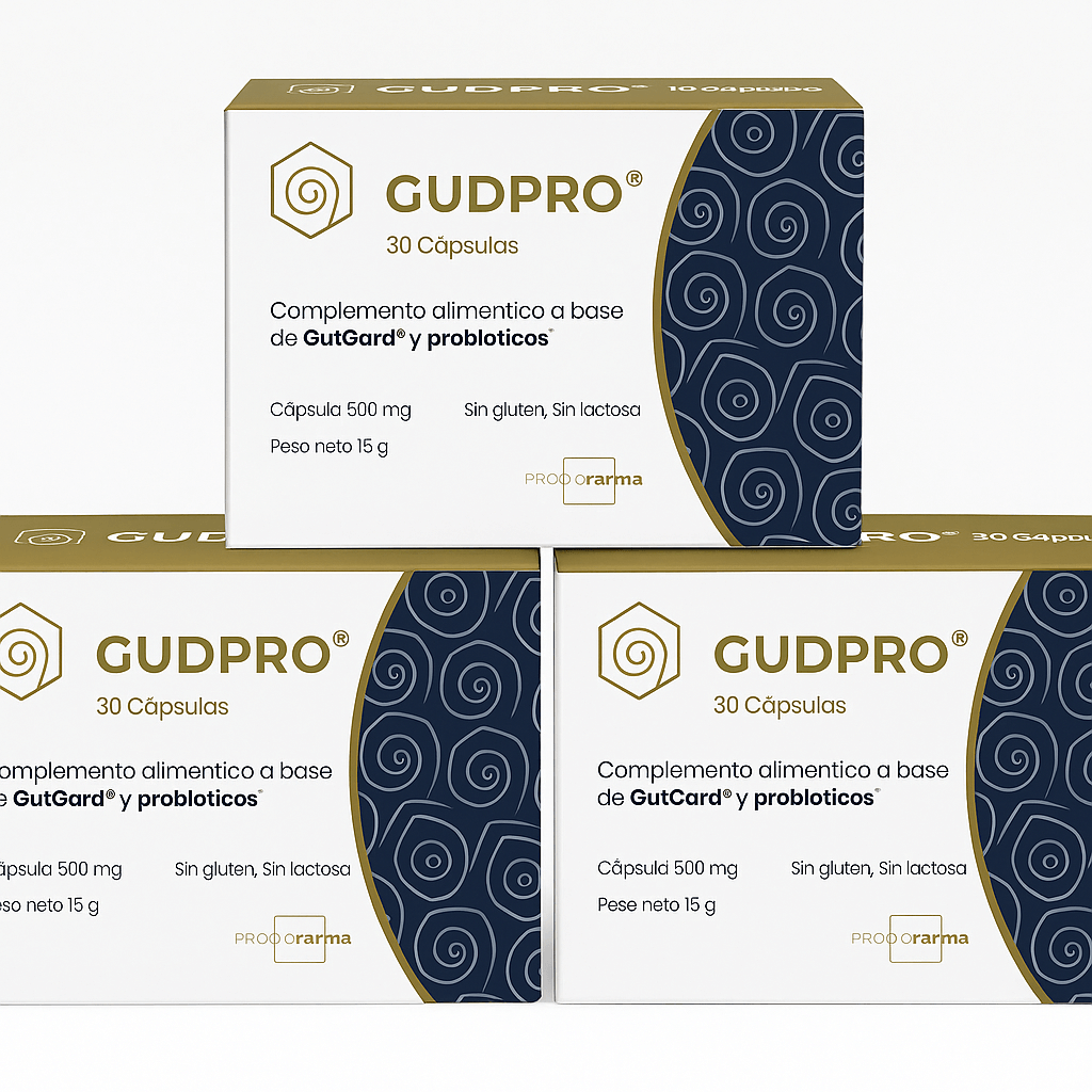 Packaging of GudPro probiotic supplement with 30 capsules, highlighting GutGard for digestive and immune health.