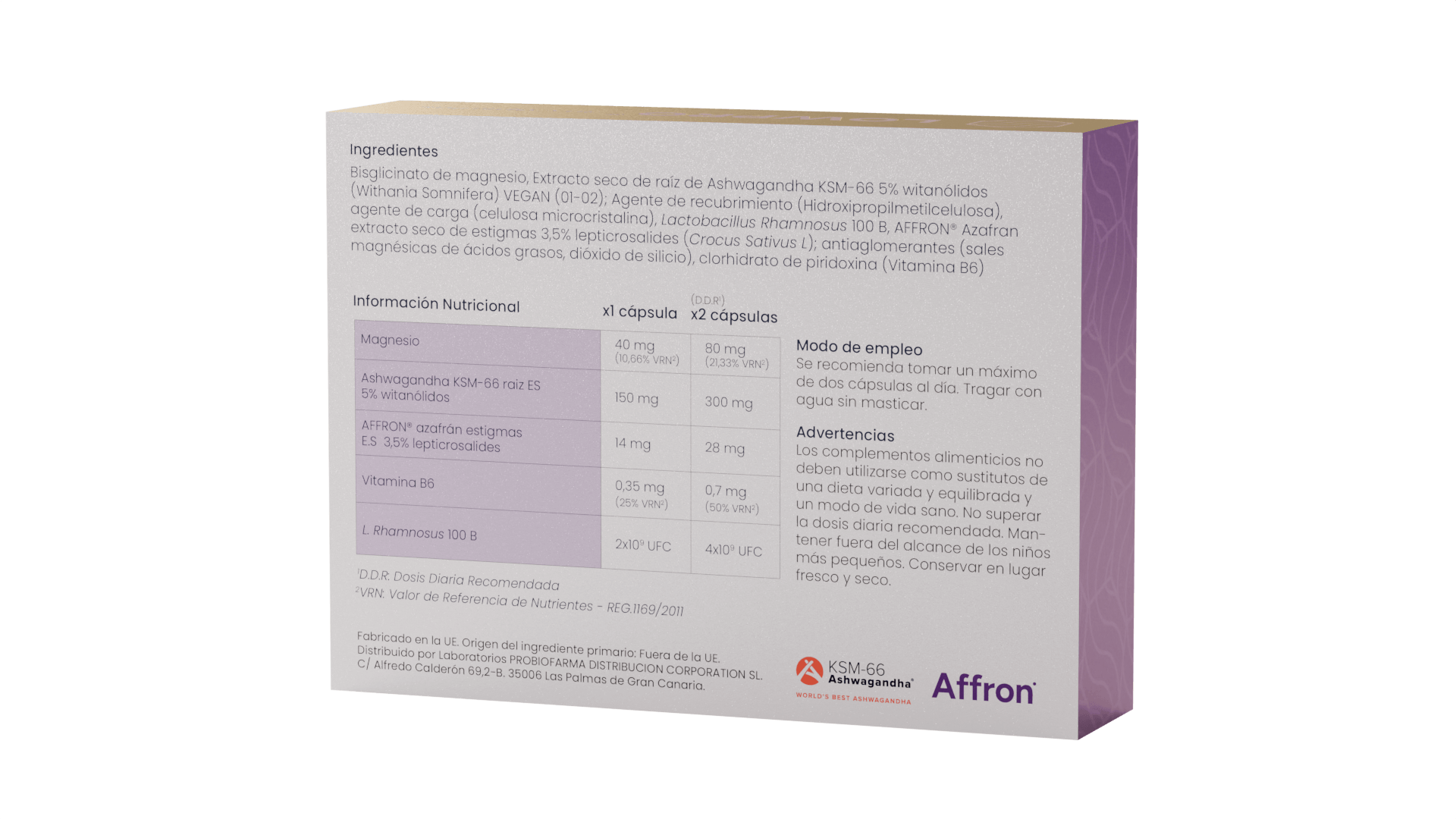 Back view of Lowpro supplement box displaying nutritional information and ingredients for emotional and physical wellness.
