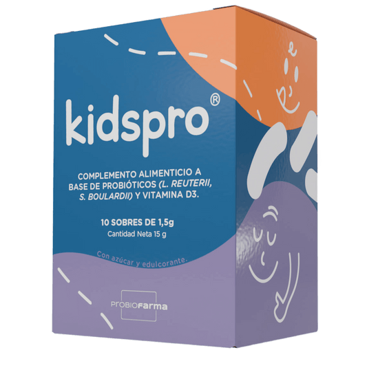 Caja de Kidspro, probiótico infantil con L. reuteri y S. boulardii, incluye vitamina D, 10 sobres de 1.5g.