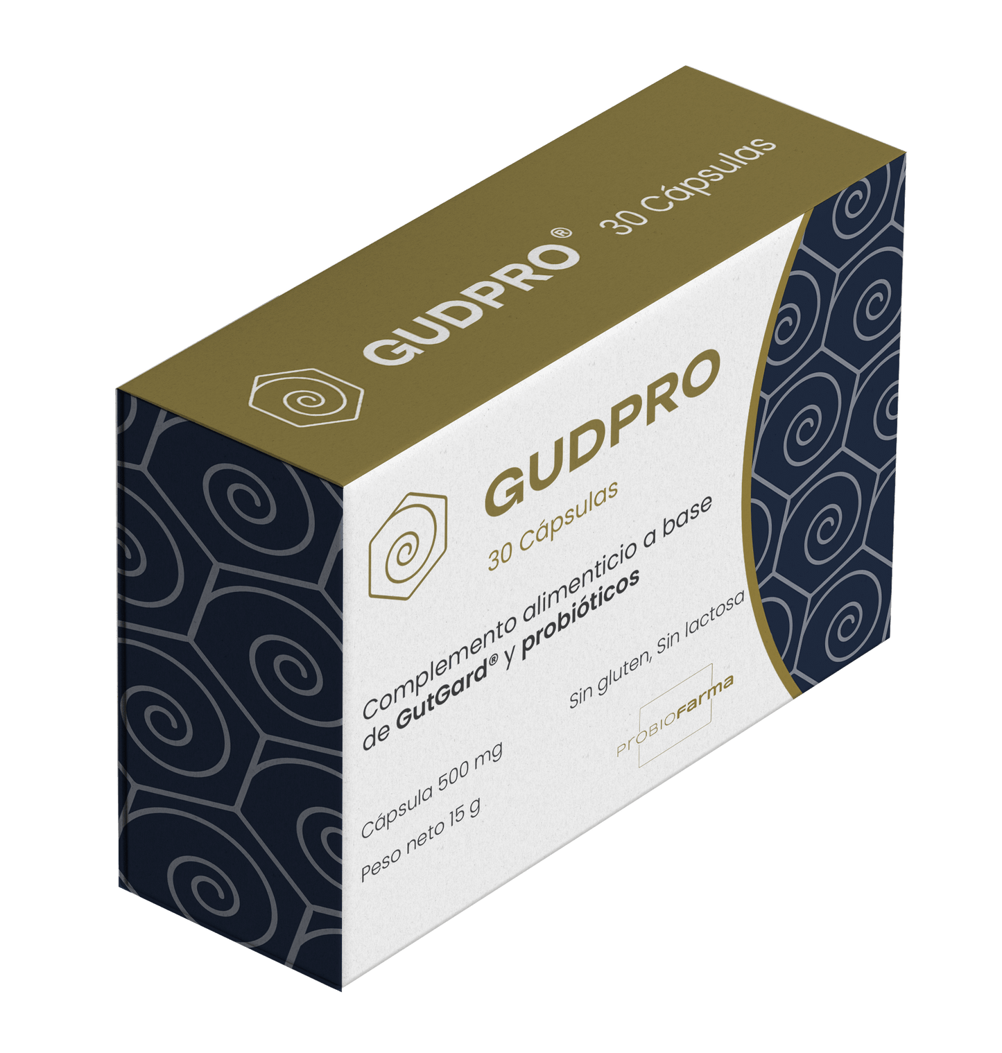 Caja de GudPRO con 30 cápsulas vegetales, complemento probiótico para bienestar digestivo e inmunitario.