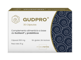 Caja de GudPRO con 30 cápsulas probióticas, complemento alimenticio a base de GutGard y sin gluten.