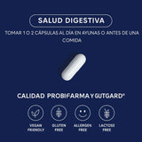 Cápsula probiótica para salud digestiva con información sobre uso y etiquetado saludable.