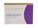 Lowpro supplement box featuring 30 vegetarian capsules made with Ashwagandha, Affron, and Magnesium, gluten-free and lactose-free.