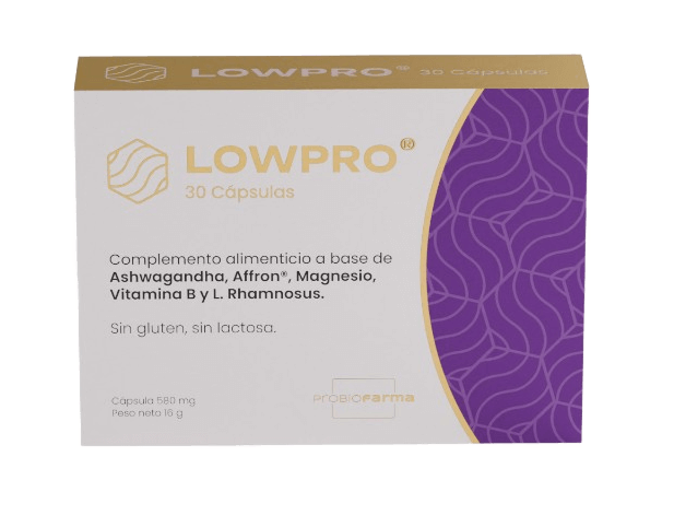Lowpro supplement box featuring 30 vegetarian capsules made with Ashwagandha, Affron, and Magnesium, gluten-free and lactose-free.