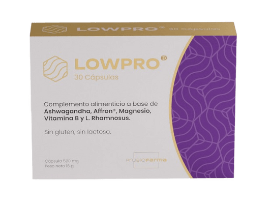 Lowpro supplement box featuring 30 vegetarian capsules made with Ashwagandha, Affron, and Magnesium, gluten-free and lactose-free.
